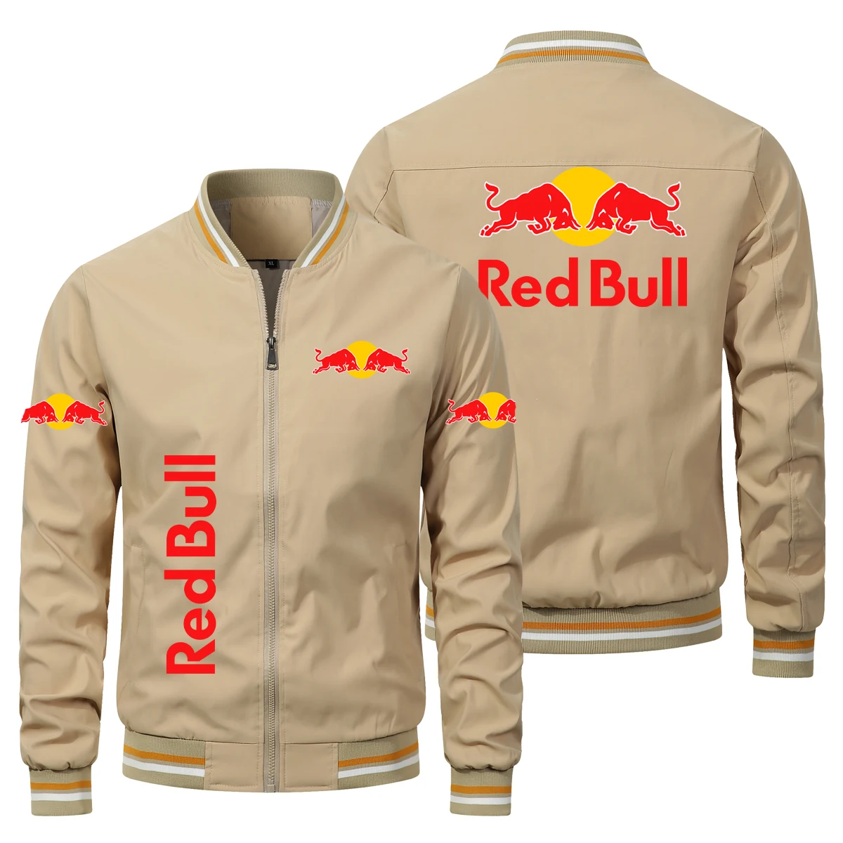 Casual herenmotorjas in retrostijl met Red Bull-logo, geschikt voor motorracen, winddicht, ritssluiting.