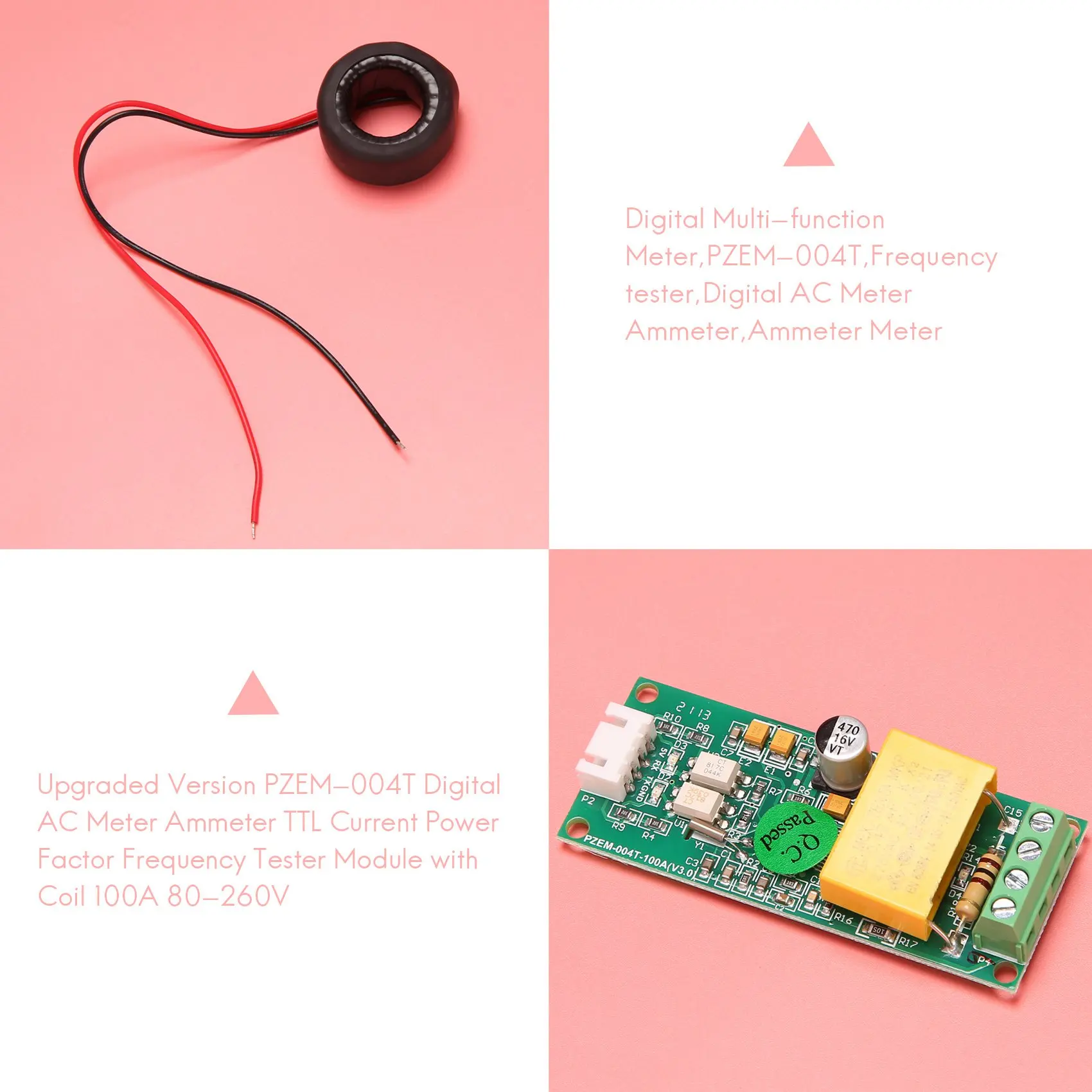PZEM-004T Digital AC Amperímetro do medidor, TTL Fator de potência atual, Frequency Tester Módulo com bobina 100A, 80-260V, versão atualizada