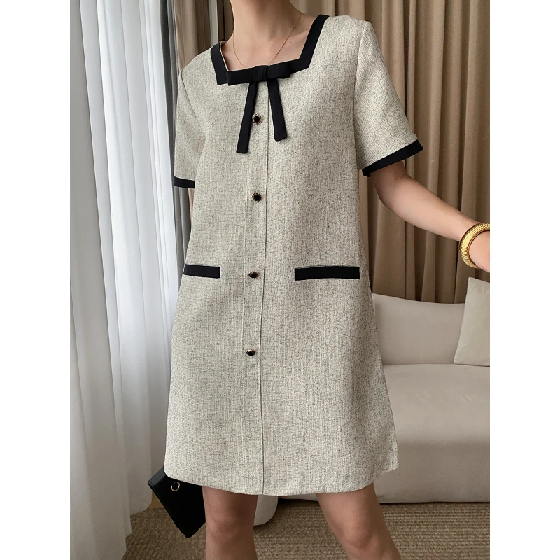 

Women Short Sleeve Loose Patchwork Black Bow Square Collar Vestidos Casual Loose Elegant Basic Office Lady Summer Formal Dress