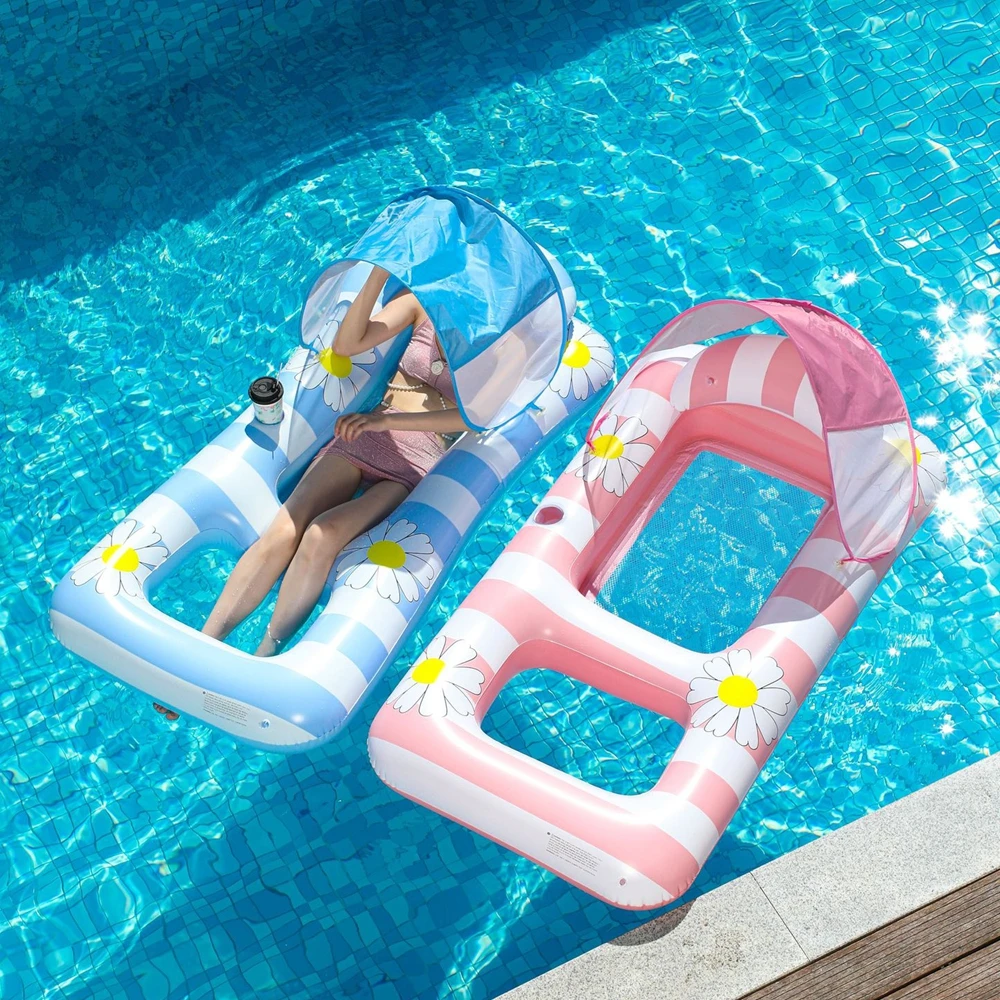 Inflatable Floating Row with Sunshade Daisy Pool Lounge Chair Thickened Swimming Circle Water Hammock