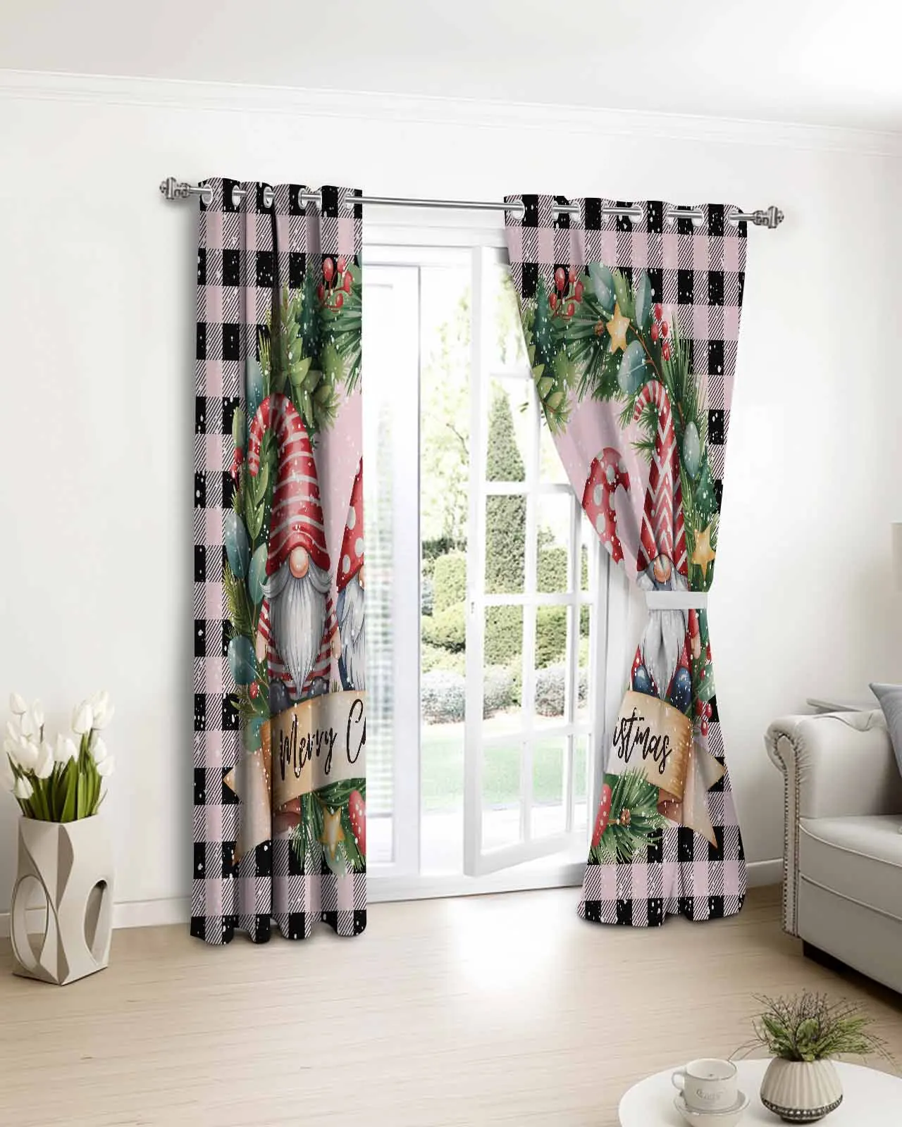 

2 шт., 1 панель, акварельный зимний венок, клетчатые полиэстеровые оконные шторы для гостиной, кухни, спальни, шторы