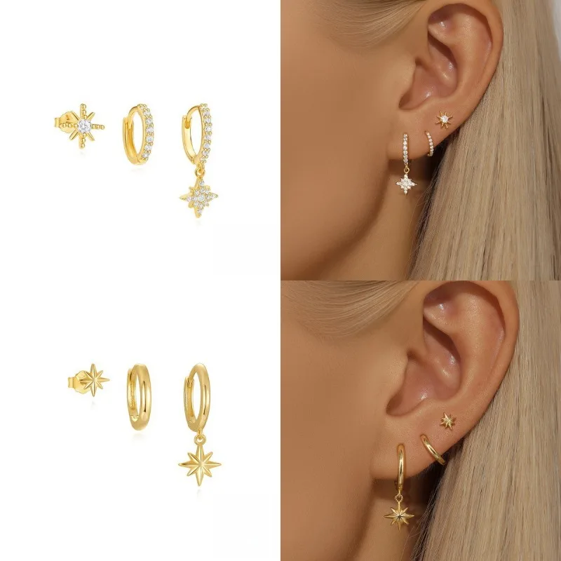 3PCS Star Pendant Earrings Women's Set Zircon Octagonal Star Daily Girl Perforated Earrings Aesthetic Jewelry