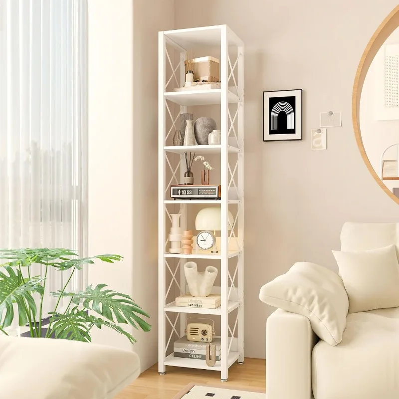 

6-Tier Tall Narrow Bookcase,Wood Corner Shelf Storage Display Rack for Small Spaces,Free Standing Open Bookshelf Square S