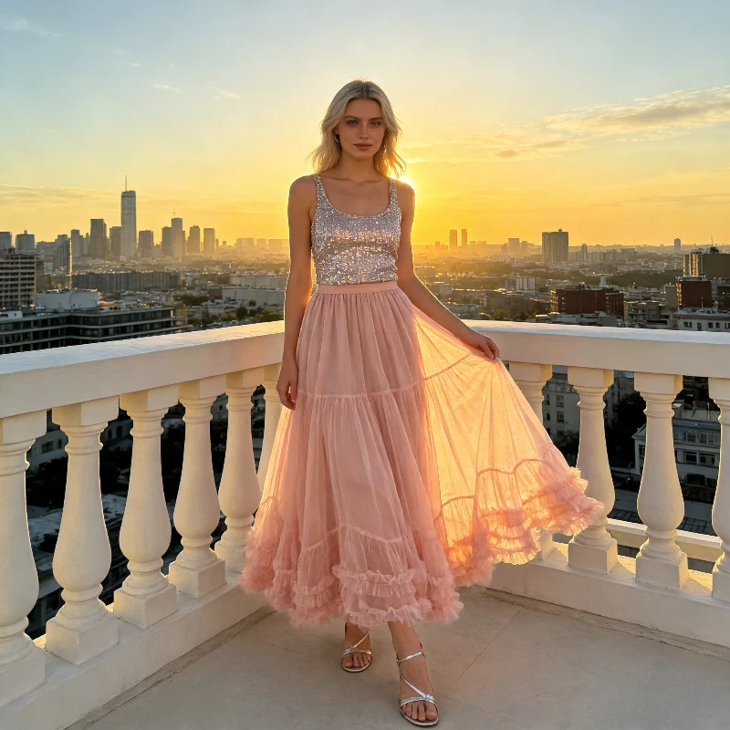 

2026 New Drapey and Elegant High Waist Slimming Puffy Mesh Midi Skirt with Big Swing and Design Sense