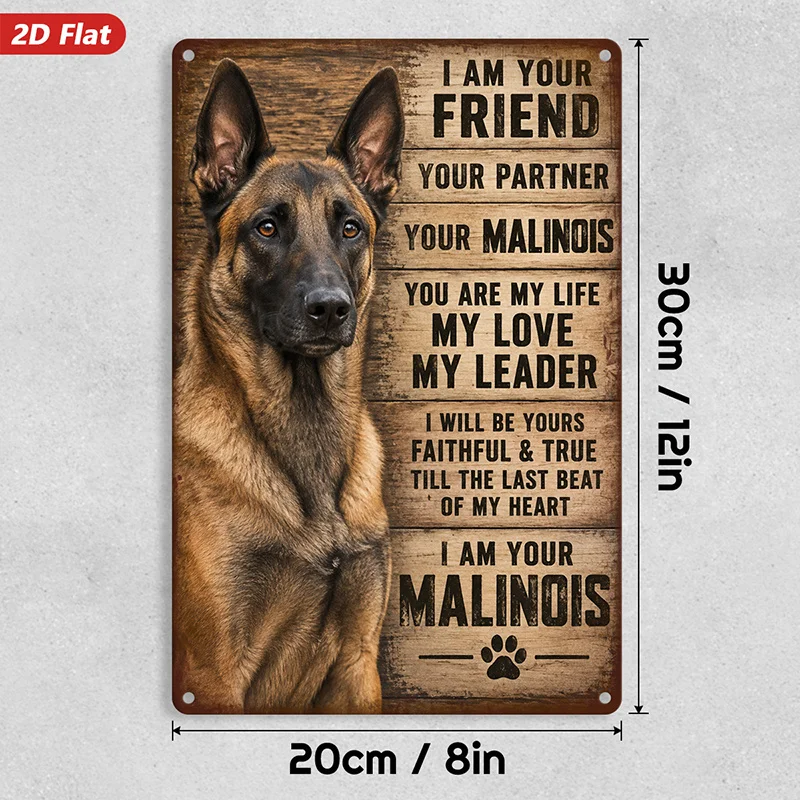 2D Flat, 1pc Belgian Malinois Dog Metal Sign Wall Art, Malinois Quote, Dog Portrait, Wood Texture, Paw Print, Rustic Accent,
