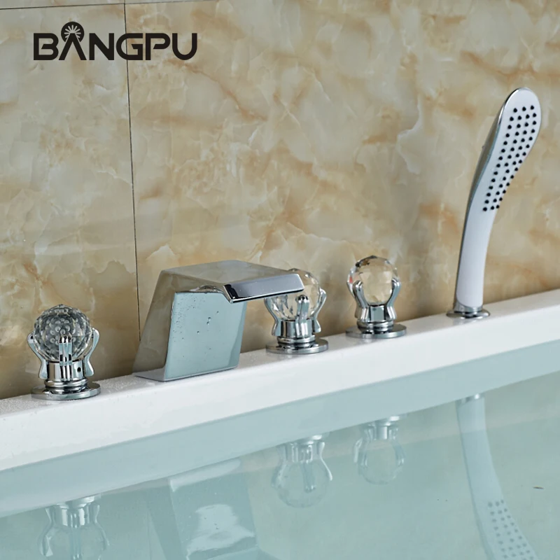 Ensemble de robinets de baignoire cascade modernes avec pulvérisateur, montage sur pont, ensemble de robinets de baignoire à 5 trous, robinet de baignoire romaine avec douchette à main chromé