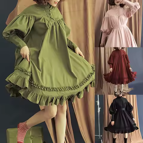 New Gothic Retro Lolita Party Dress Women's Multi Color Cotton Long Sleeve Soft Elegant Evening Dress Sweet