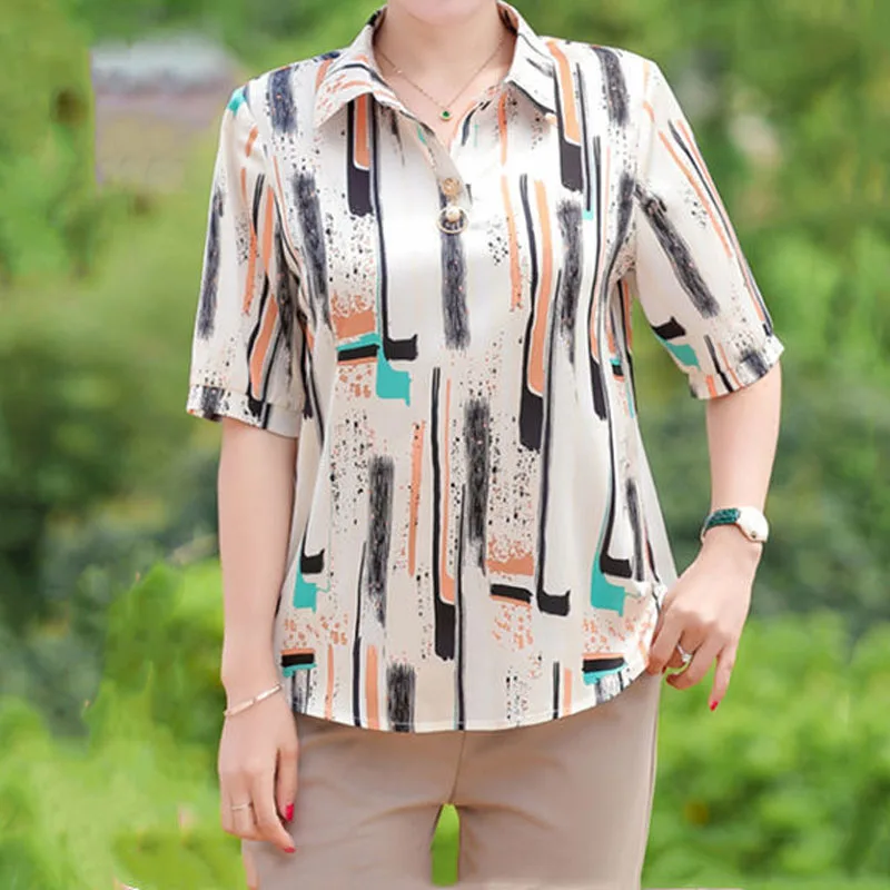 Fashion Women's Casual Polo-Neck Short Sleeve Shirt Female Clothing Summer Thin Stylish Beading Spliced Printed Chiffon Blouse