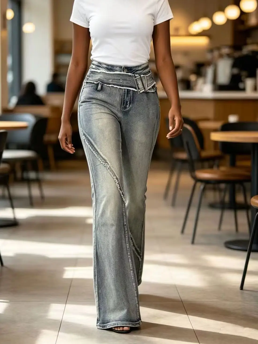 Spring Autumn Y2K Distressed Grey Flare Jeans Women High Waist Raw Edge Diagonal Seam Deconstructed Waist Stretch Slim Tall Hot Girl Denim Pants
