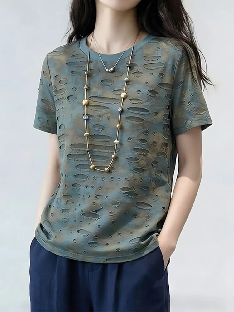 Elegant round Neck Short Sleeve T-Shirt Women's Summer Style Faded Hole High Grade Sensation Age Reduction Shoulder Short Top