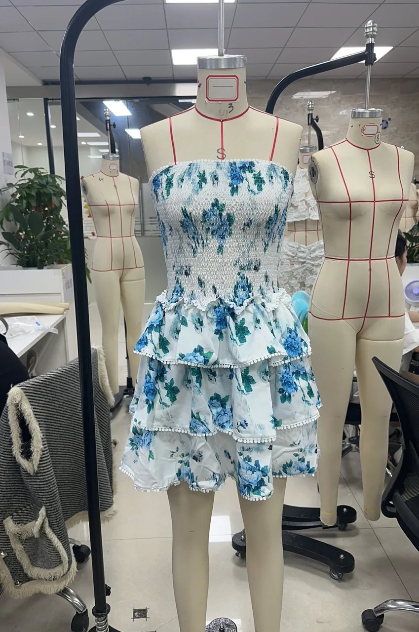 Women Mini Dress Strapless Backless Floral Layered Slim Fit Summer Tube Dress Clubwear