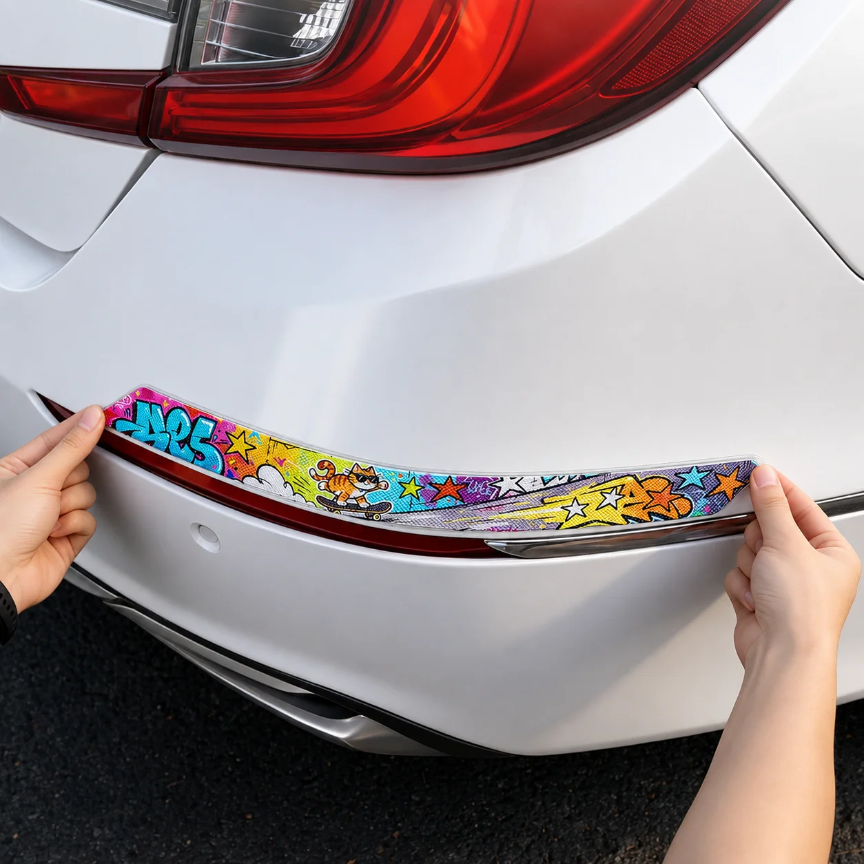 2 Piece Street Graffiti Cool Cat Pattern Reflective Car Bumper Anti-collision Protection Strip For Personalized Modified Passeng