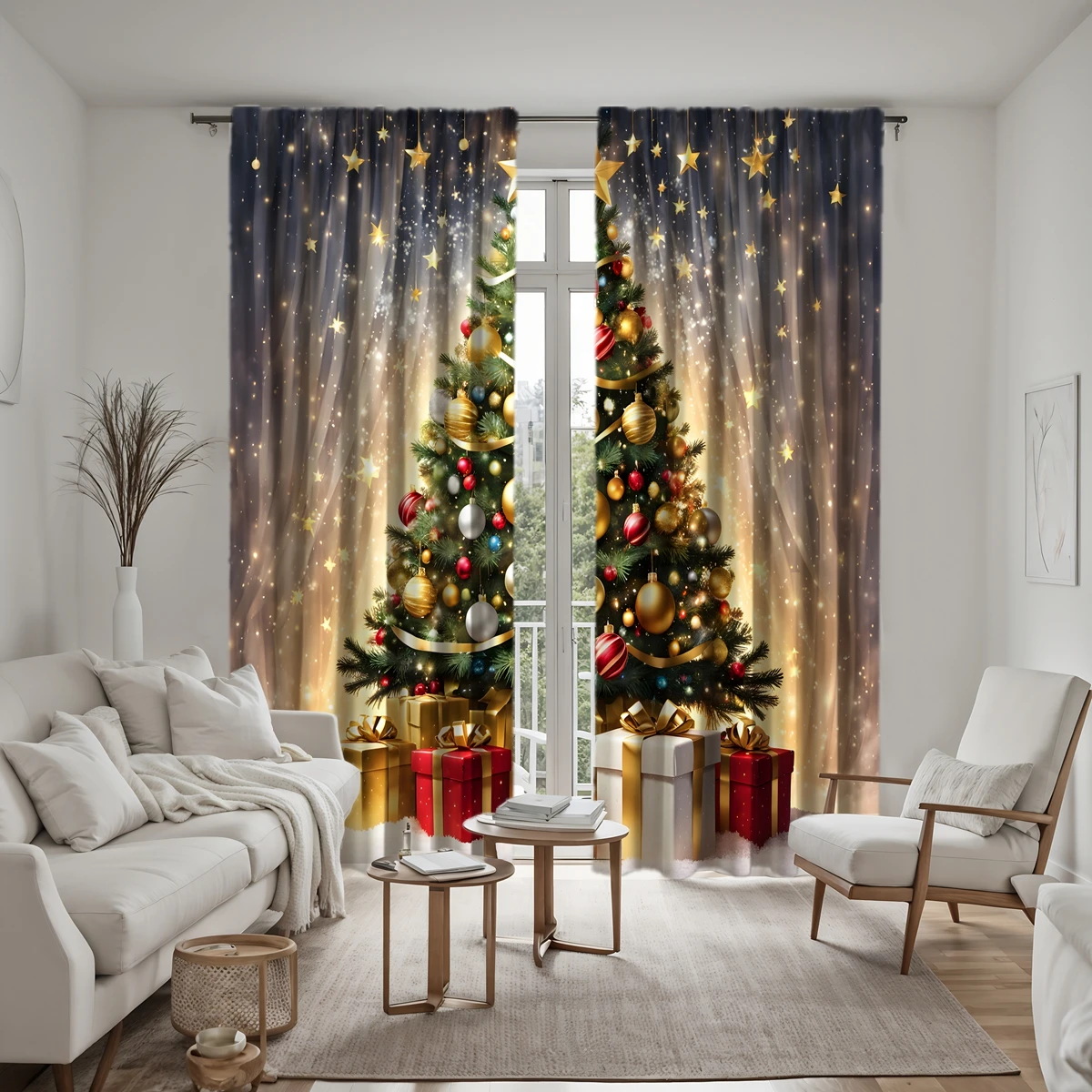 2pcs HD Starlight under Christmas tree gift box decorative curtain Yellow tie digital printed curtain Home decoration style d