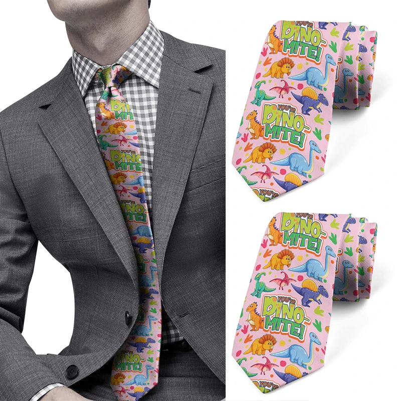 

New Men Necktie Funny Cartoon Dinosaur Pattern Print 8CM Fashion Novelty Casual Tie For Wedding Party Daily Dating Gift Gravatas