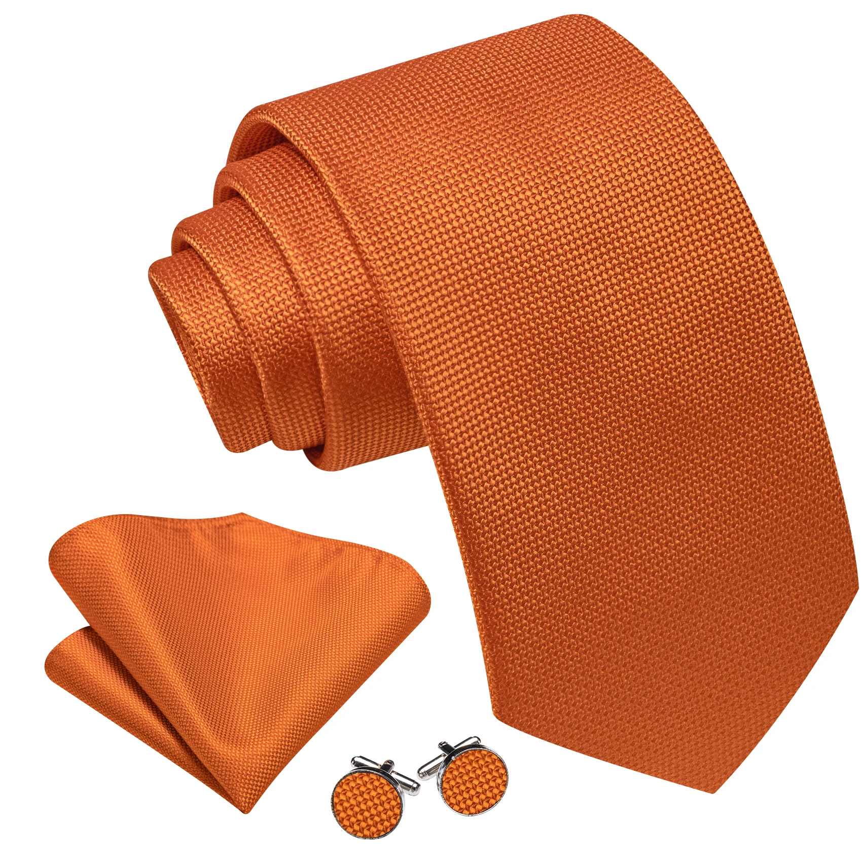 Men's Tie Set 3PCS Necktie Pocket Square Cufflinks Orange Plaid Check Formal Business Wedding Party Suit Accessories Jacquard