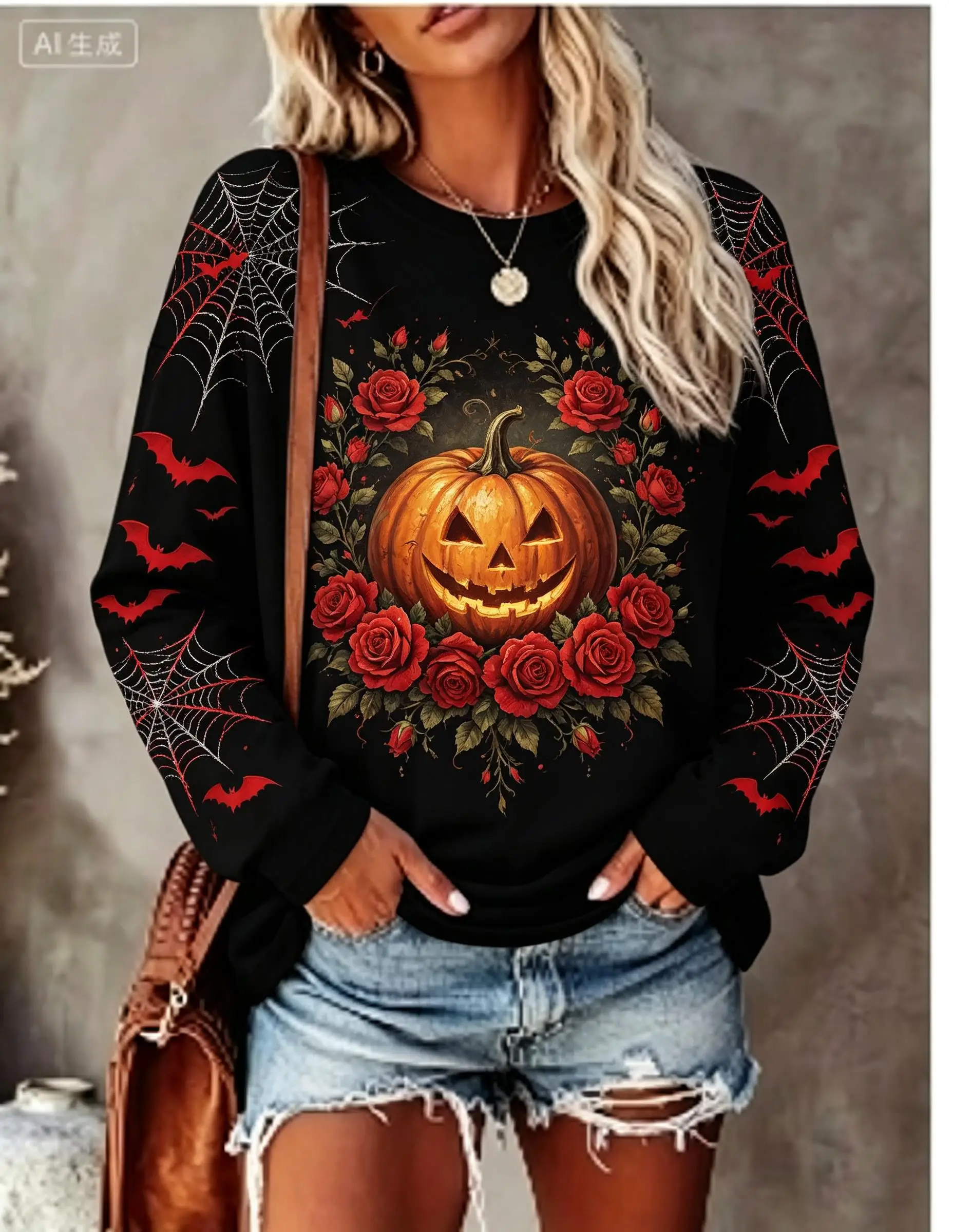 Women Halloween Long Sleeve T‑Shirt Pumpkin Red Rose Spider Web Bat Gothic Print Crew Neck Tops