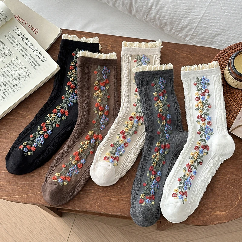 Fashion Women's Socks New Retro Japanese Style Hollow Out Lace Sweet  Long Socks Breathable Girls Flower Socks Casual view 3