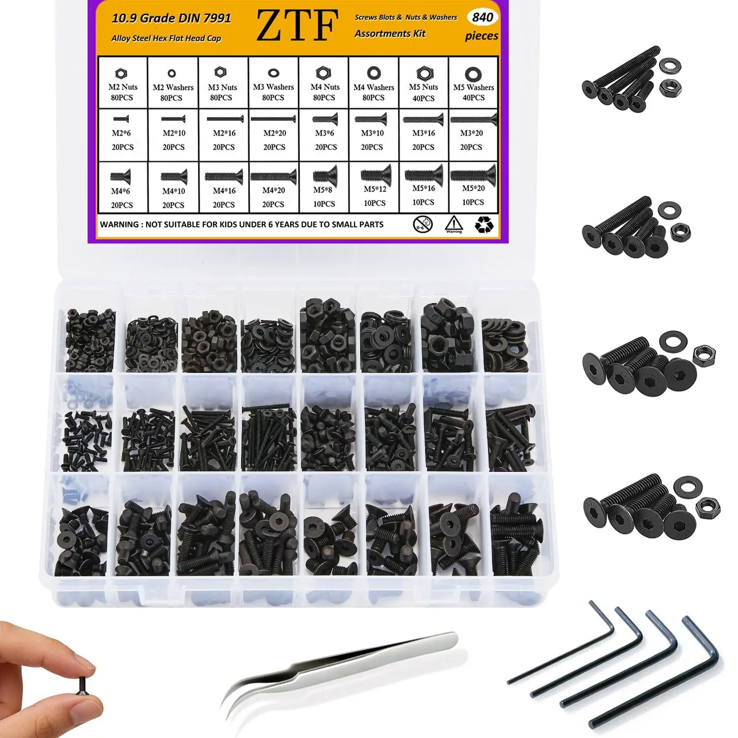

Набор из 840 шт. винтов, болтов, гаек и шайб M2 M3 M4 M5 с шестигранной головкой, с ящиком для хранения и ключами