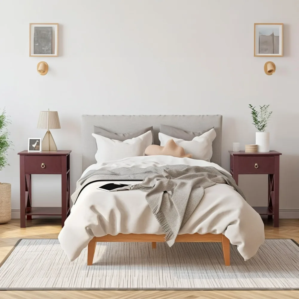 Side Intersection Style Bedside Table Coffee Table with Two-layer Drawer Brown, Nightstands