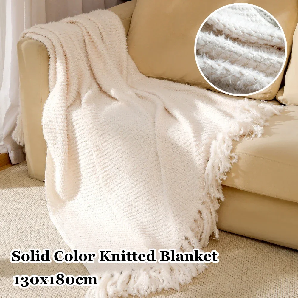 Nordic-Style Solid Color Knitted Blanket Cover Warmth Plush Fleece Decorative Blanket Simple Universal Blankets 130x180cm