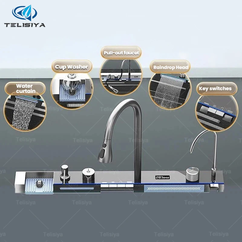 

Multifunctional Piano Keys Digital Display Waterfall Faucet Kitchen Integrated Sink faucet and Cup Washer