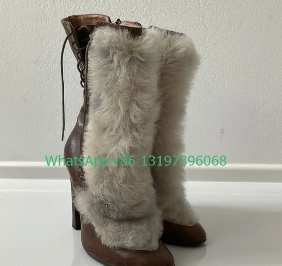 Lady fur brown lace-up vintage style boots winter pointed toe PU Mary janes boots feather  retro  warm boots size 35-46 footwear