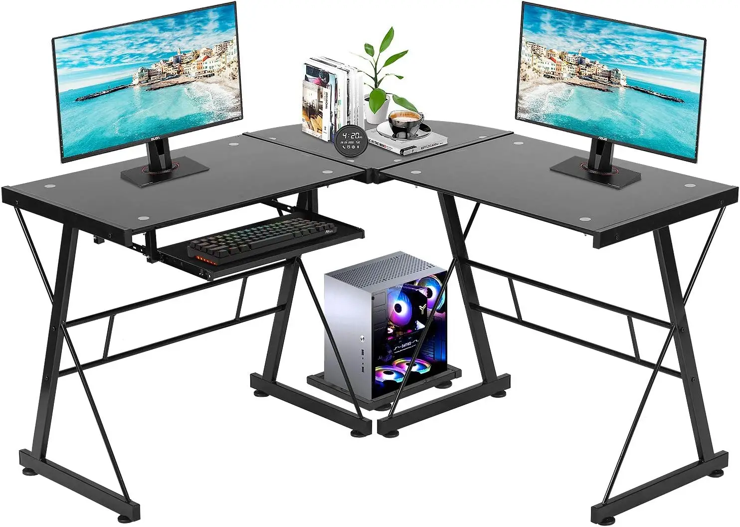 

Computer Desk Gaming Desk L Shaped Corner Desk Home Office Writing Workstation Toughened Glass Study Keyboard Cpu Stand Pc