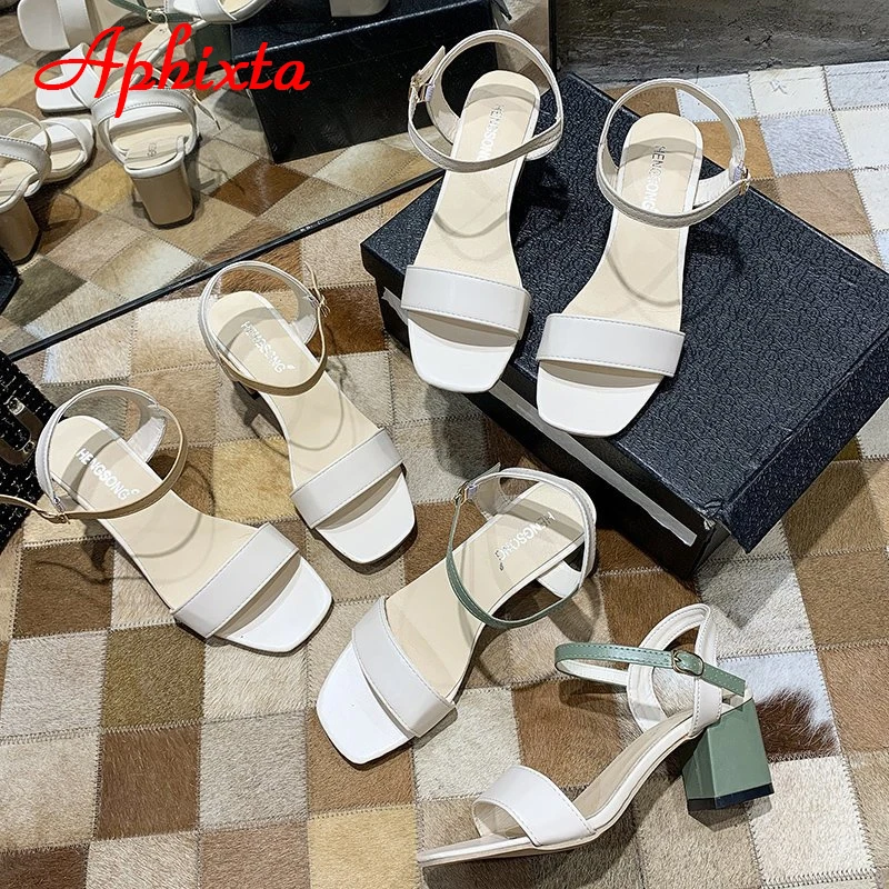 Aphixta 5.5cm Square Heels Summer Simple Women Sandals Slides Cool Ankle Strap Slides Sandals Plus Size 45 46