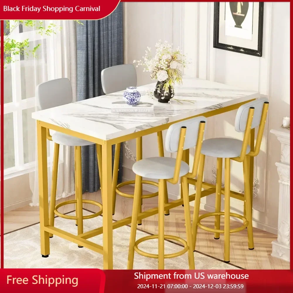 Dining Table Set for 4 and Chairs Set Faux Marble Counter Height Dining Table Set with 4 PU Upholstered Stools Dining Tables