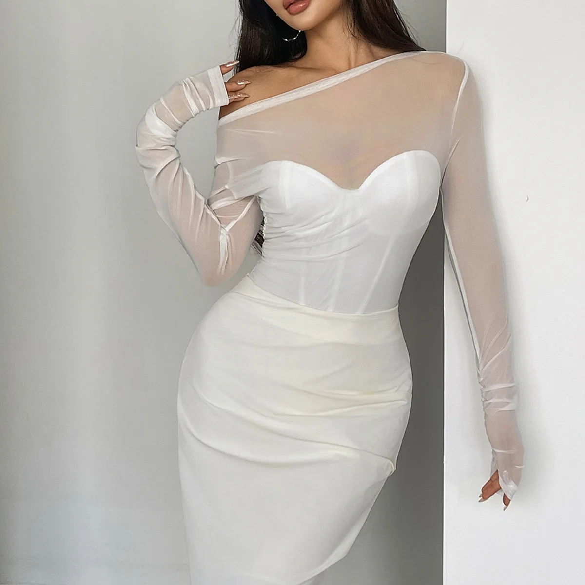 

Fashion Elegant See-through Jumpsuit Sexy Women Tight Solid Color Long Sleeves Breathable Mesh Shaping Bodysuits Romantic Onesie