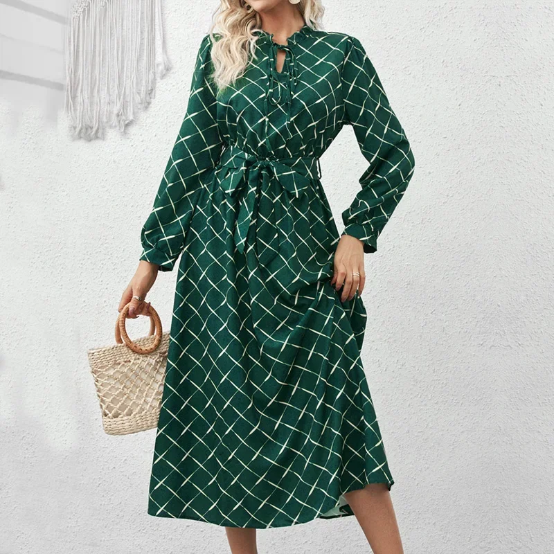 autumn Elegant Casual Plaid Drawstring Belt V-Neck Loose Holiday Beach Dresses long Sleeve Boho Maxi Dress Women Party Vestidos