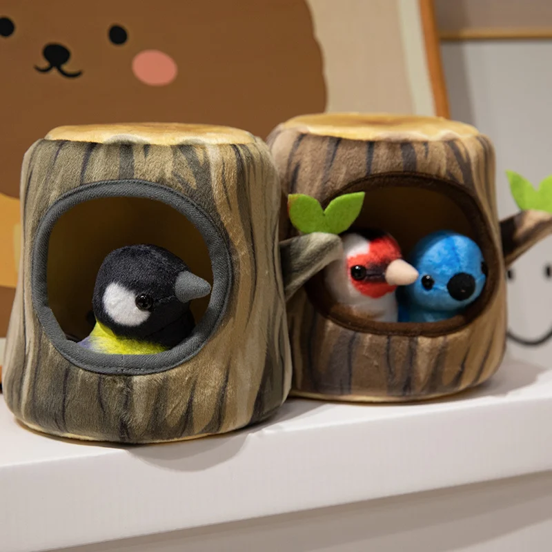 New Creative Realistic Tree House Bird Nest Plush Toy Soft Stuffed Animal Lifelike Birds in Tree Hole Dolls for Kids Gifts Decor