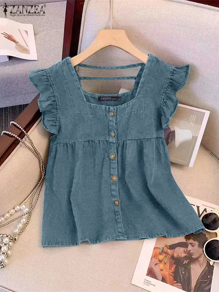 ZANZEA Women Sleeveless Denim Tank Tops 2024 Summer Ruffle Vest Casual Loose Pleated Blouse Korean Fashion Single Breast Camis