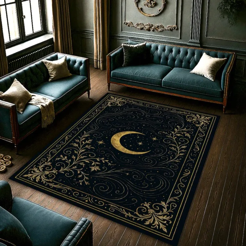 Vintage Celestial Moon Stars Area Rug Dark Blue Gold Floral Ornate Carpet Non-Slip Indoor Floor Mat for Living Room Bedroom