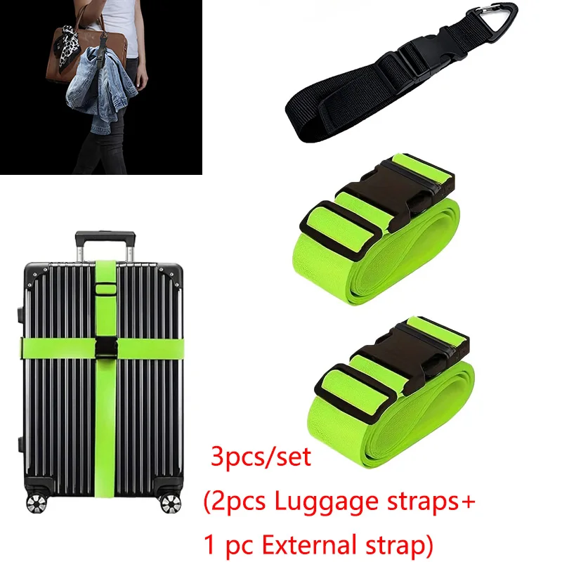 3Pcs/Set Travel Clothing Storage Straps, Including 2 Luggage Straps + 1 External Triangle Strap, Outdoor Travel Clothing Storage Rope, Suitcase Packing Strap, Travel Bag Fixing Strap, Luggage Accessories Strap