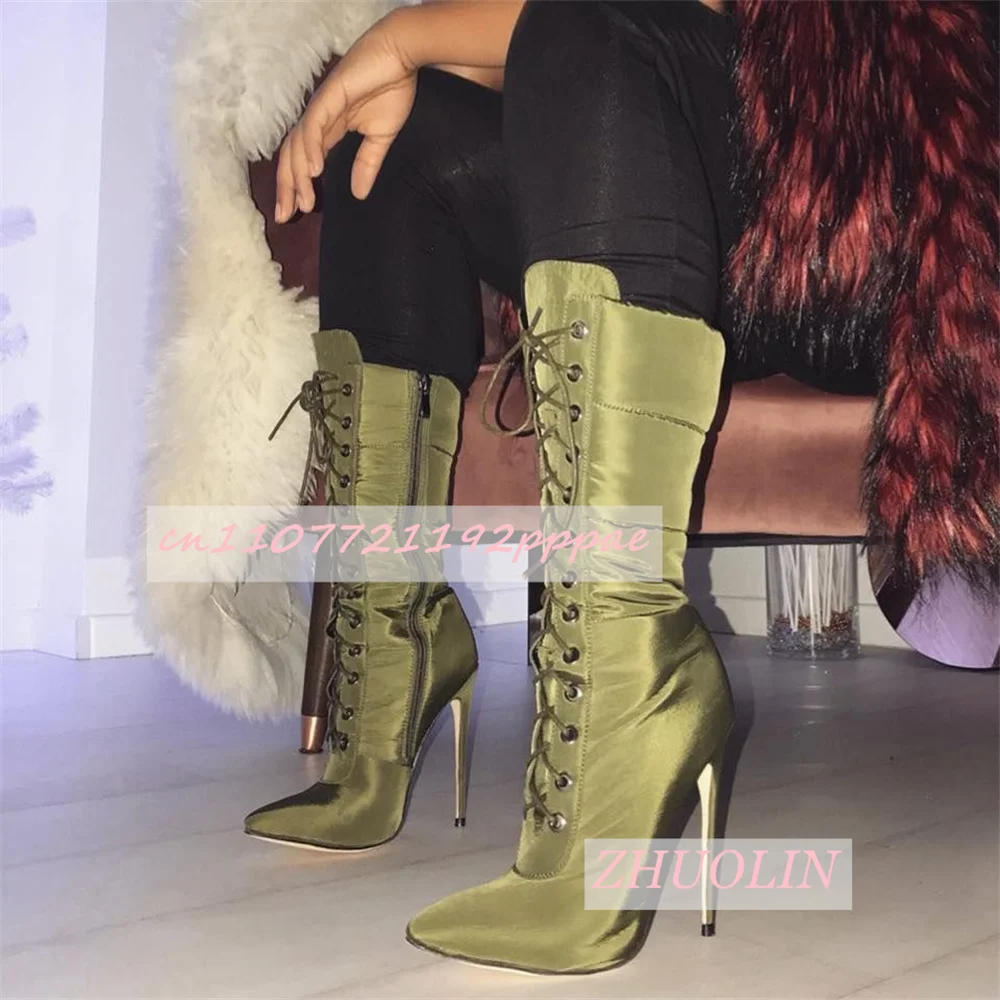 

Military Green Satin Lace-Up Pointed Toe Stiletto Heels With Side Zipper Mid-Calf Boots Sexy Party Nightclub Modern Boots Women