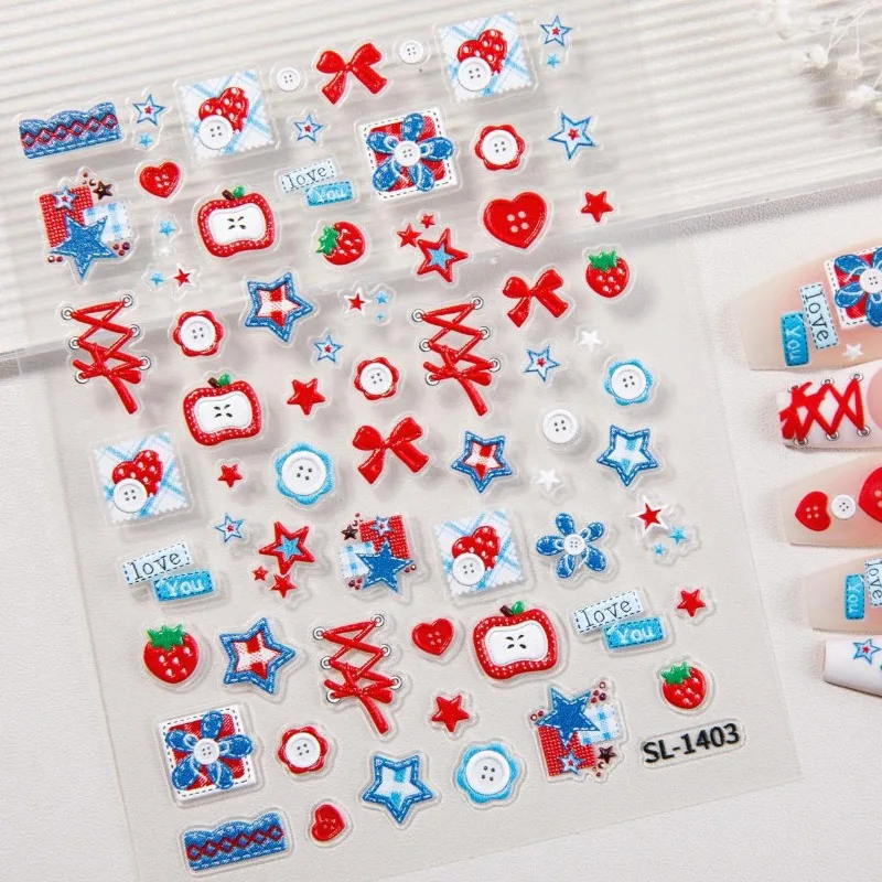 Sweet and Cool Apple Bow Nail Stickers, 3D Strawberry Star Button Nail Stickers, Essential for Home DIY Nail Art