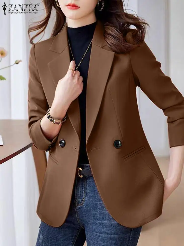 ZANZEA Women Long Sleeve Blazer 2024 Autumn Elegant Lapel Collar Coat Formal Solid Collect Waist Outwear Korean Work Thin Suits