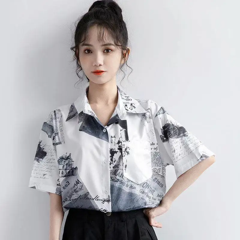 Summer Woman Clothes Retro Hong Kong Style Shirt Short Sleeve Top Ins Trend Color Collision Printing Loose Casual Artsy Fashion