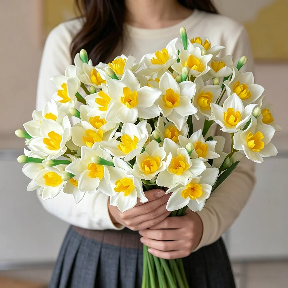 

6PCS Artificial Narcissus Flowers 45cm Fake Daffodil Bouquet Yellow White Home Wedding Party Decoration Desktop floral Decor