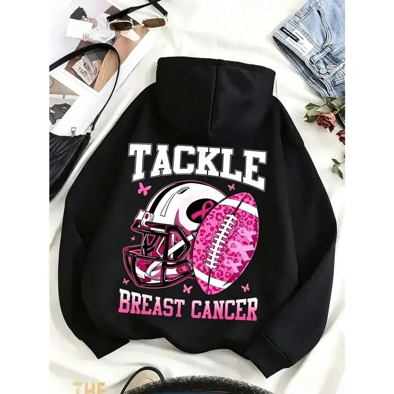 Women Pink Ribbon Breast Cancer Awareness Hoodie, Tackle Football Graphic Oversized Drawstring Pullover Casual Sweatshirt