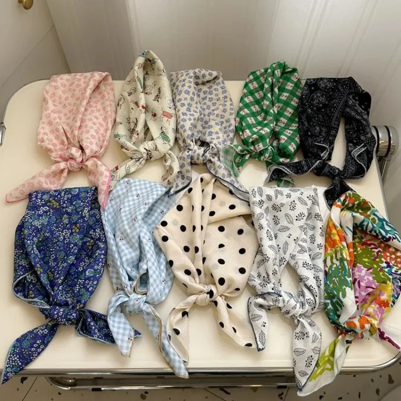 Soft Floral Polka Dot Cotton Linen Bandana, Vintage Fresh Neckerchief, Multi-use Head Wrap Waist Decor Scarf for Daily Wear