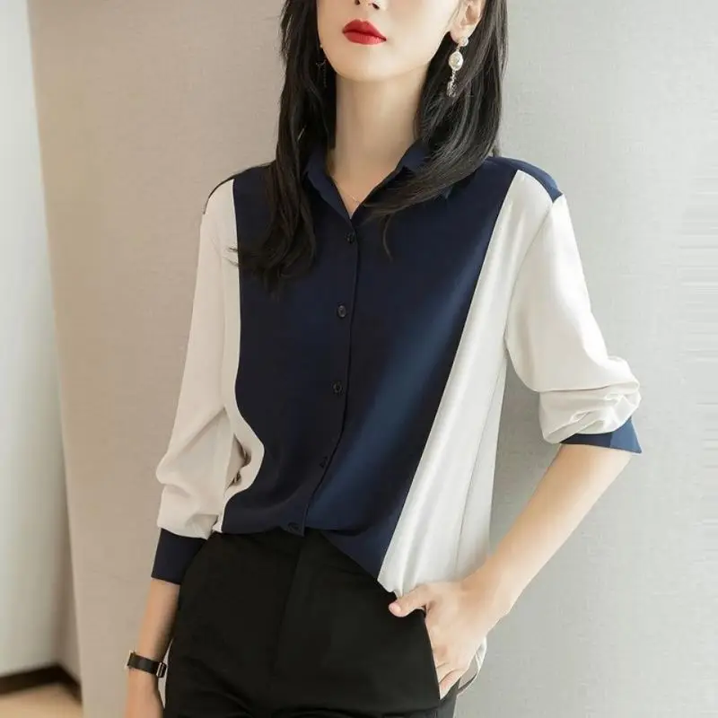 Elegant Lapel Button Spliced Loose All-match Shirt Women\'s Clothing 2023 Spring New Casual Tops Long Sleeve Office Lady Blouse