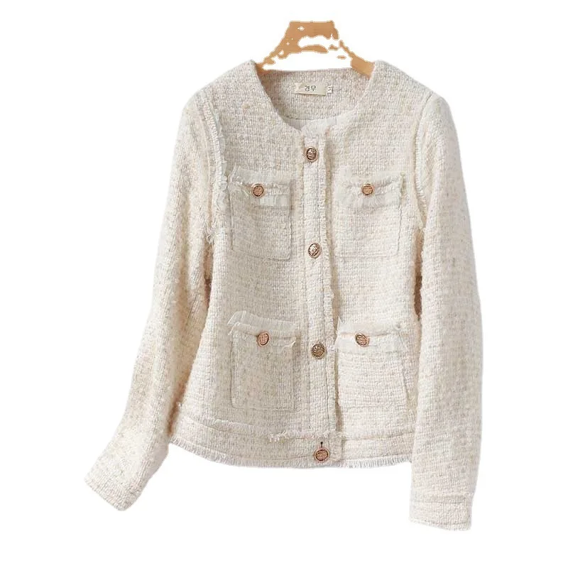 Women's solid color coarse woolen coat 2025 new spring/autumn small fragrance style top round neck coat