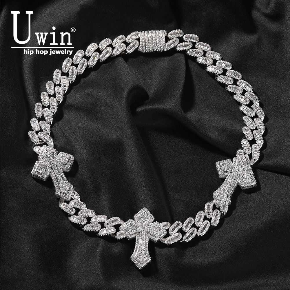 

Uwin 15mm Cuban Chain With 3 Cross cuban link Necklace Iced Out CZ Link Cubic Zircon Fashion Luxurious Choker HipHop Jewelry