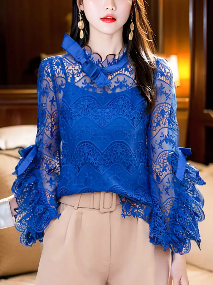 

Sexy Hollow Irregular Blouse Women Spring Autumn Design Long Sleeve Ruffle Bow Shirt Retro Blue Lace Top E11354