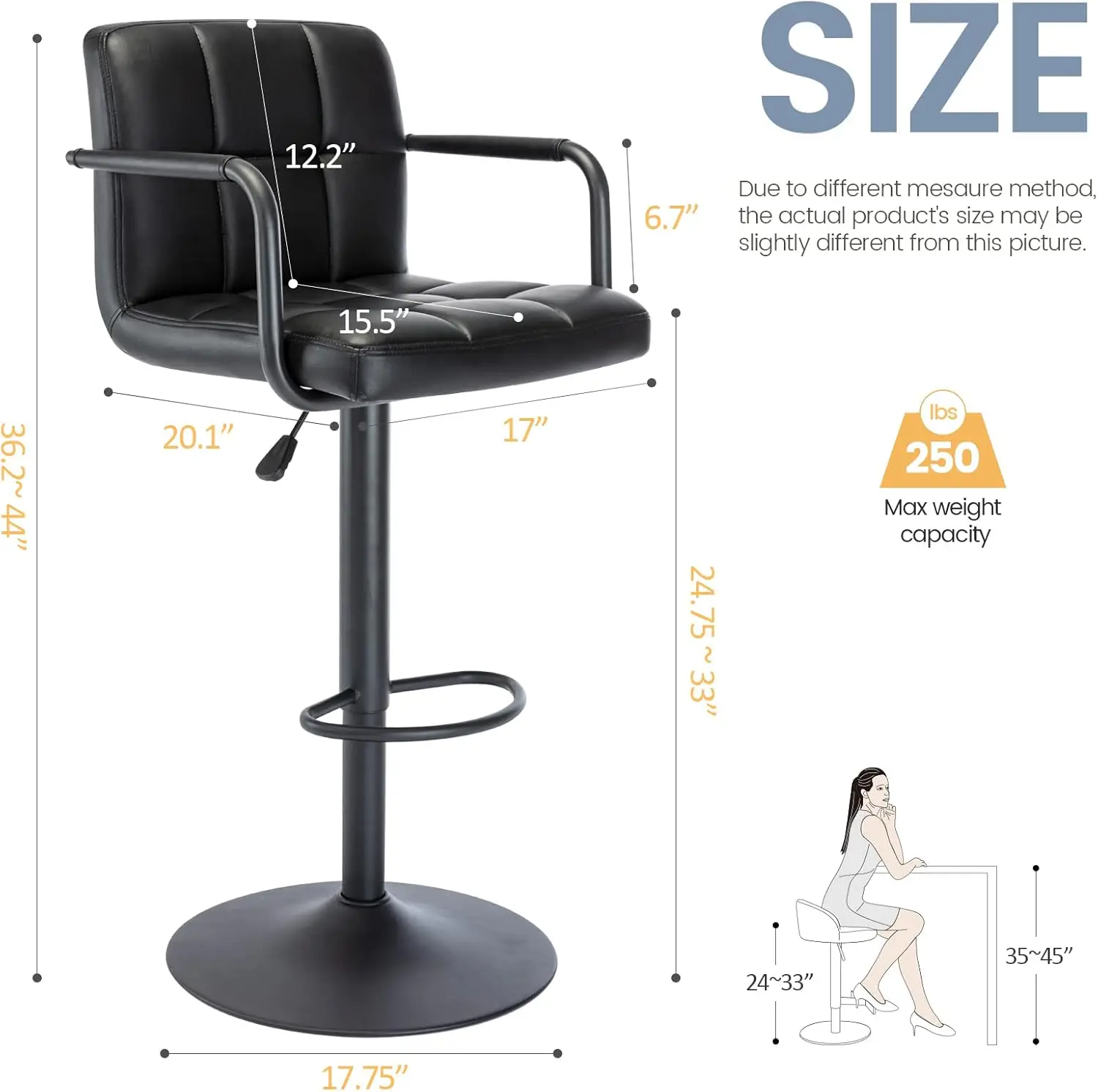 Vogue Furniture Direct Modern PU Leather Square Bar Stools, Adjustable Swivel Barstools with Back and Arms, Airlift Counter