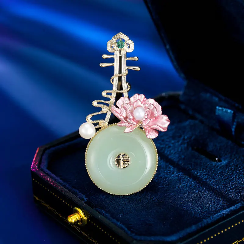 

China-Chic Retro Chinese Style Cheongsam Hanfu Accessories Corsage Female Pin Imitation Jade Baking Paint Flower High-Grade Pipa