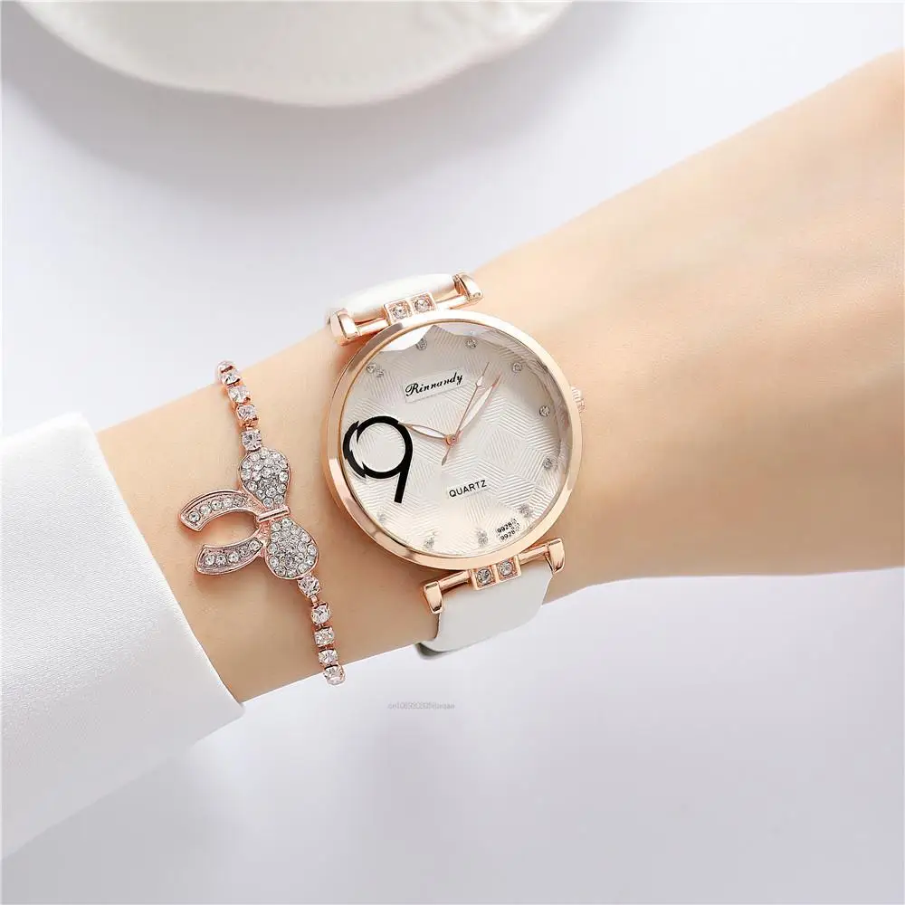 Fashion Branded Women's Watch Quartz Fashion Crystal with Rhinestones Watch for Women White Leather Strap Clock Gift Watches