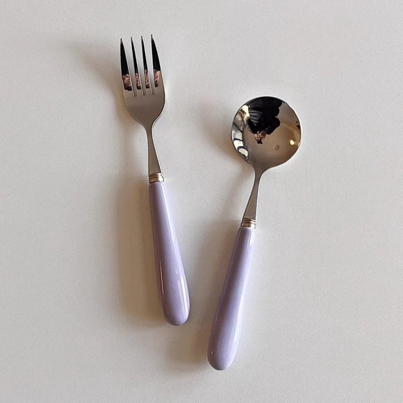 

LTT taro purple dessert spoon salad fork long handle household tableware set stainless steel fork spoon